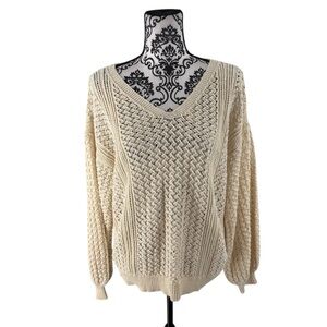 Cream Open-Knit Chunky Sweater | Boho Textured Oversized Pullover L